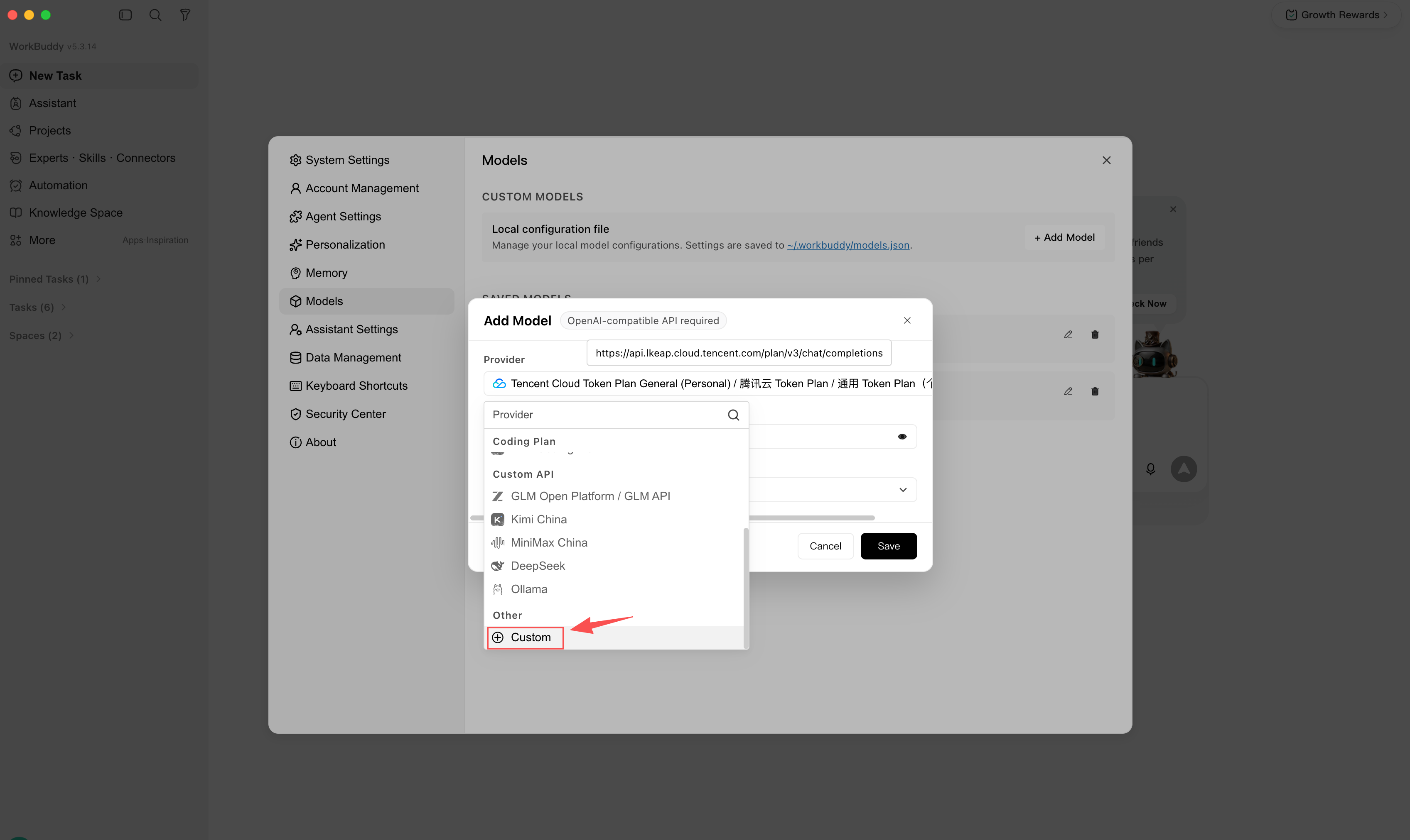 WorkBuddy's add model dialog with provider set to Custom