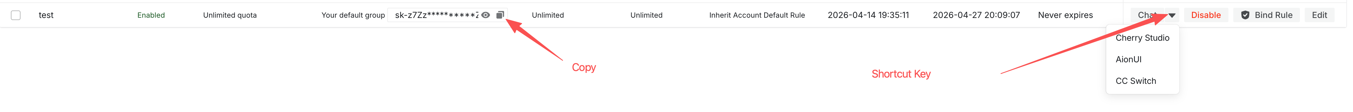 Copying an API key on the Models Hub Tokens page; some sites also offer a Cherry Studio shortcut link