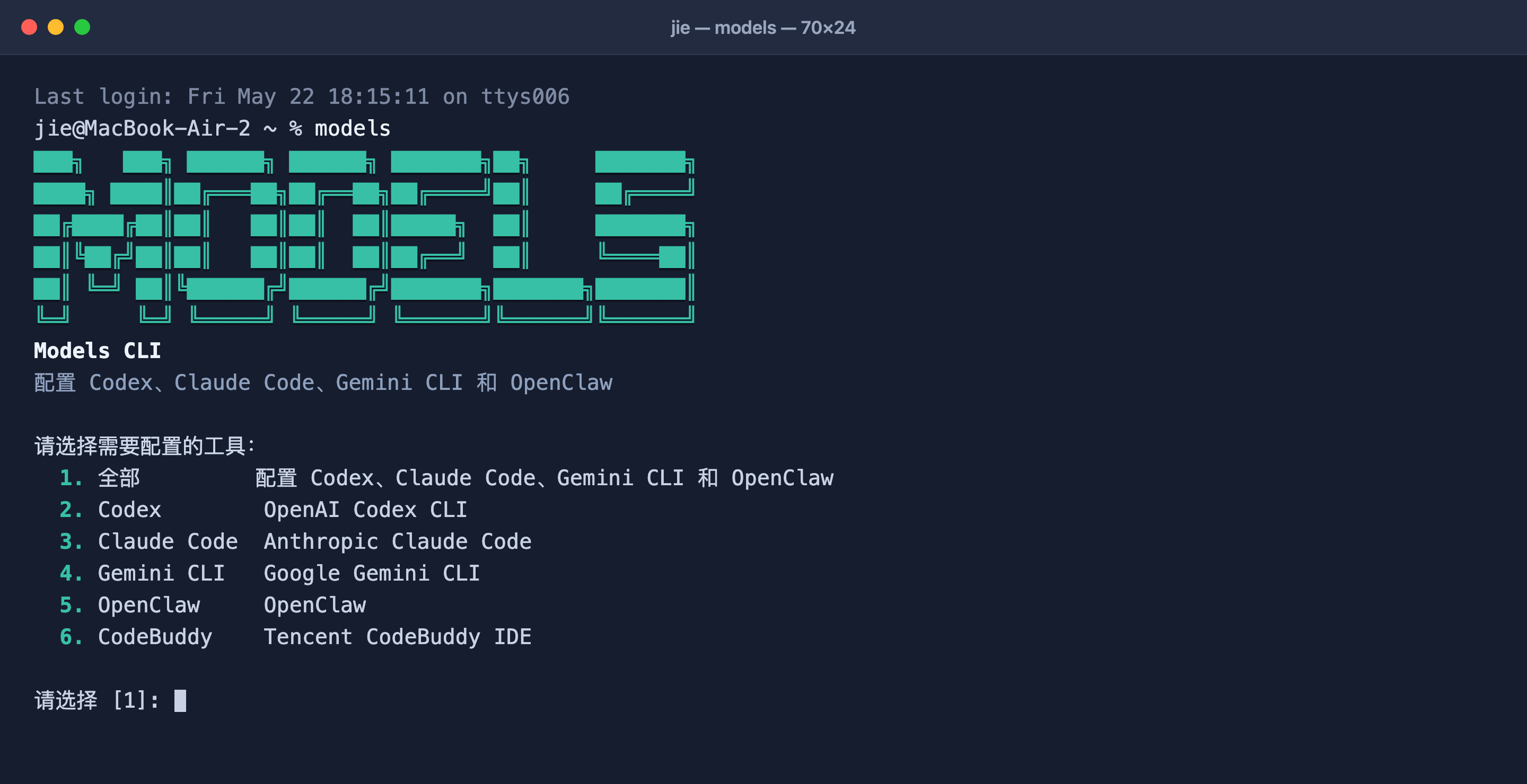 Models Hub CLI interactive menu, choosing to configure Codex